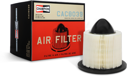 A Champion air filter displayed next to the product's box